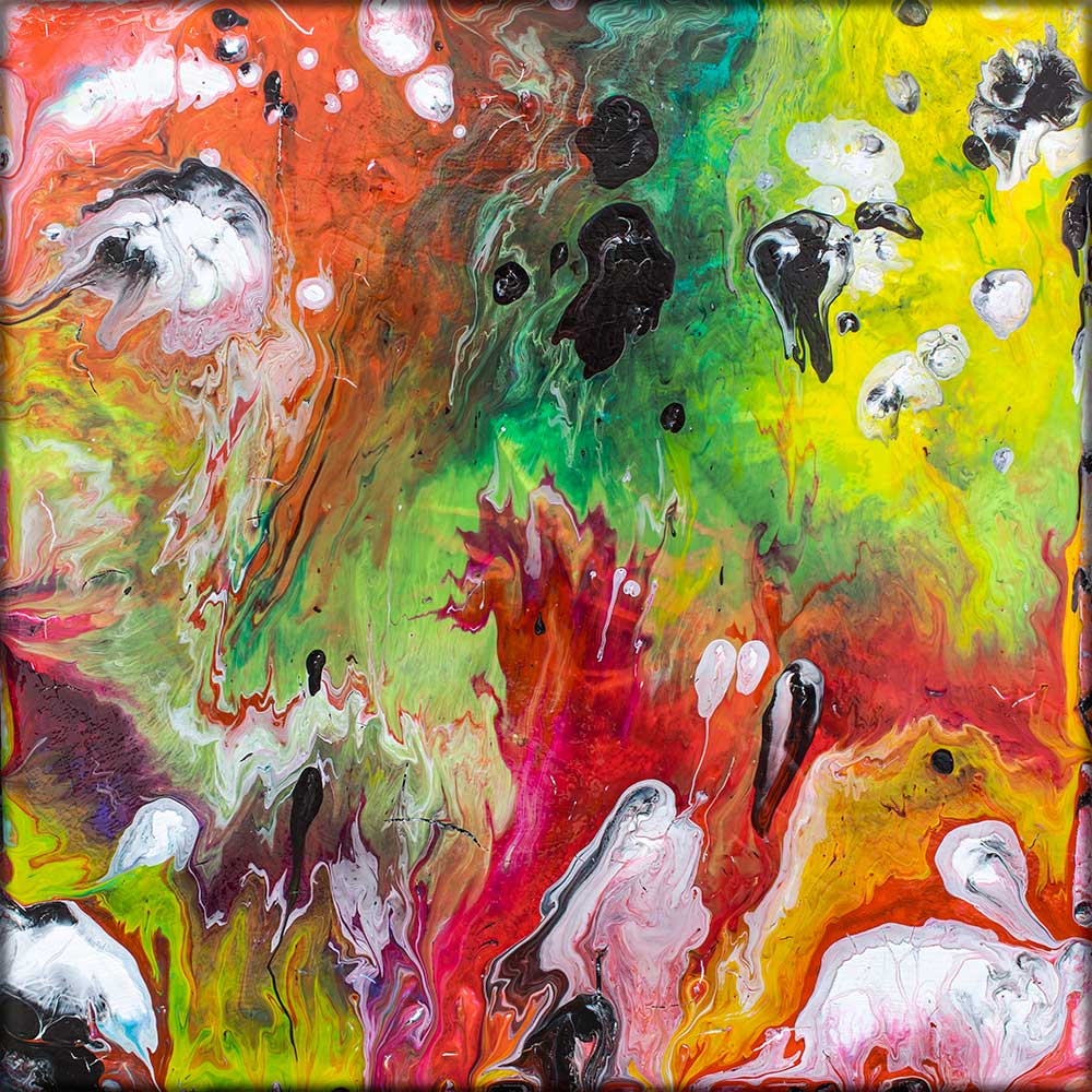 Abstrakt action painting Bloom III af Michael Lønfeldt med flydende akrylfarver og dynamiske kontraster.